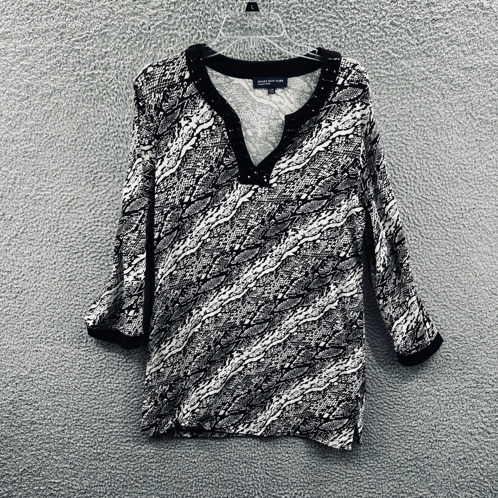 Women Artsy Snake Print Tunic Top XL Indie Stretch Studded V Neck Casual Relaxed